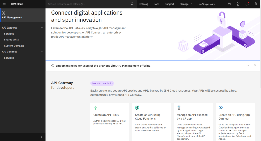 API Connect dashboard