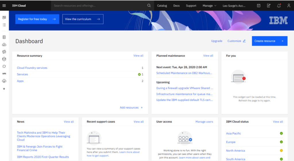 IBM Cloud dashboard
