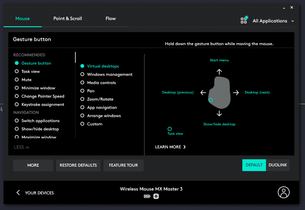 Logitech Options window, where you can customize the MX Mouse 3 configuration
