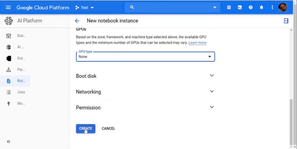 Create new notebook instance on Google Cloud Platform