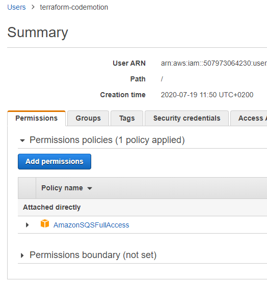Assigning the AmazonSQSFullAccess predefined policy