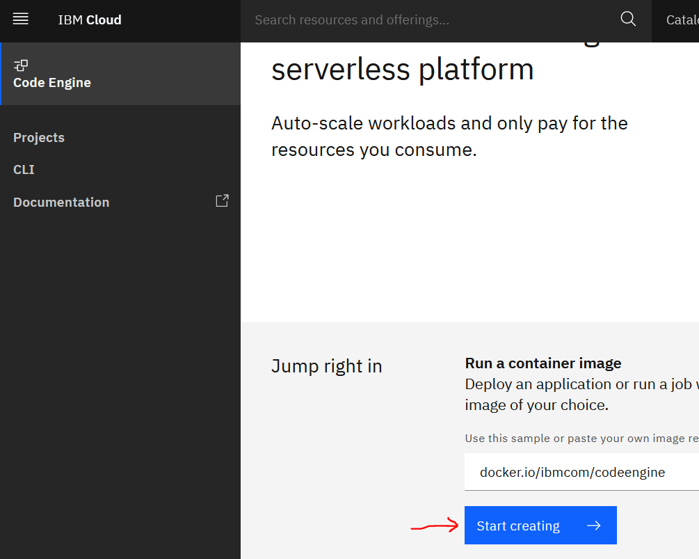 User interface of IBM Cloud CodeEngine: Run a Docker image.