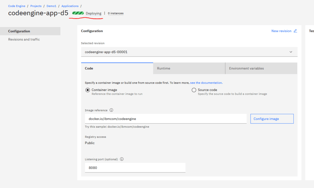 User interface of IBM Cloud CodeEngine: Application testing.