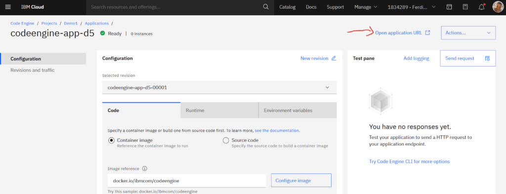 User Interface of IBM Cloud CodeEngine: Seeing your app in its dedicated webpage.
