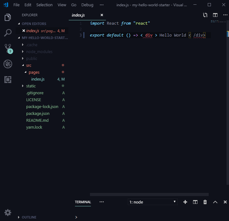 UI of Visual Studio Code UI showing Gatsby's "hello world"