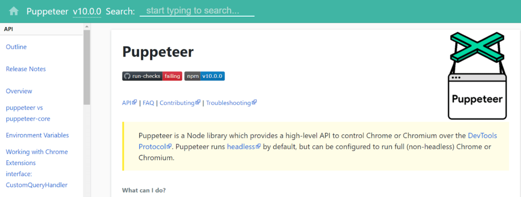 Screenshot of Puppeteer's homepage.