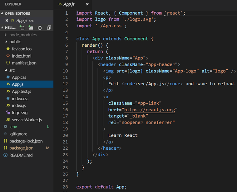 Visual Studio Code UI showing React application folder.