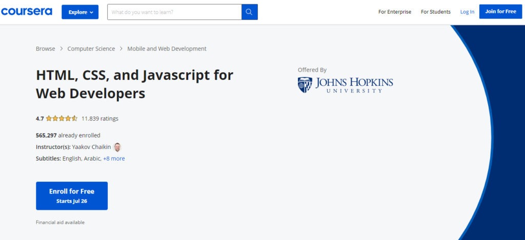 Screenshot of Coursera's HTML, CSS, and JavaScript course for Web Developers.