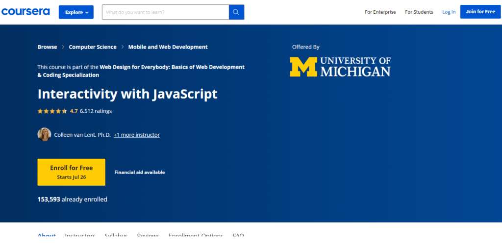 Screenshot of Coursera's Interactivity with JavaScript online course.