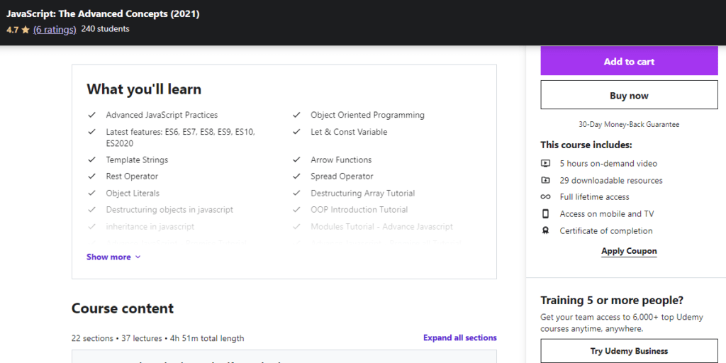 Screenshot of Udemy's popular online course named JavaScript: The Advanced Concepts.