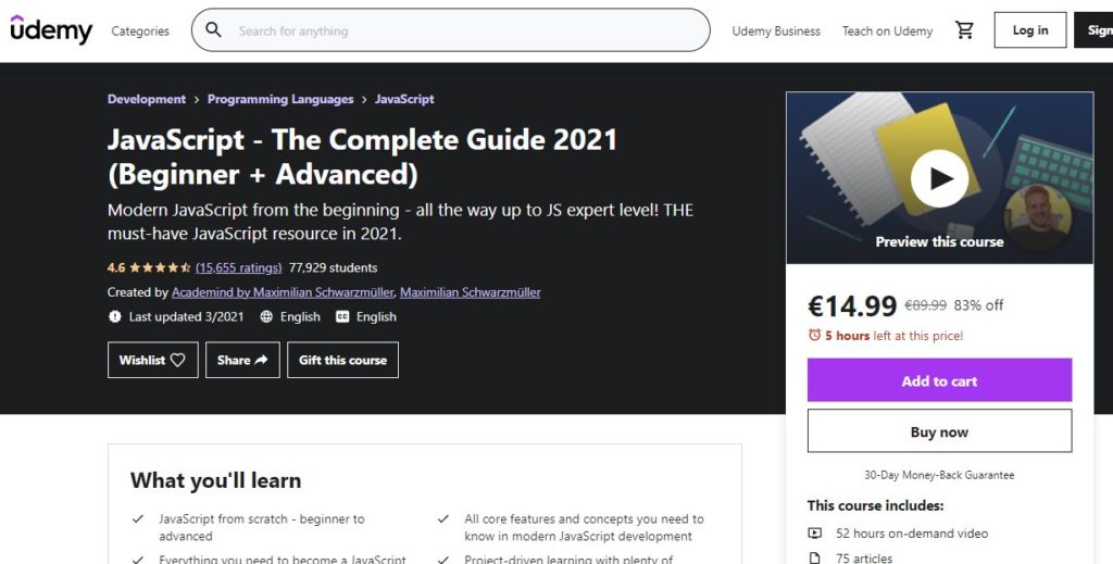 Screenshot of Udemy's popular online course named JavaScript - The Complete Guide (Beginner + Advanced).