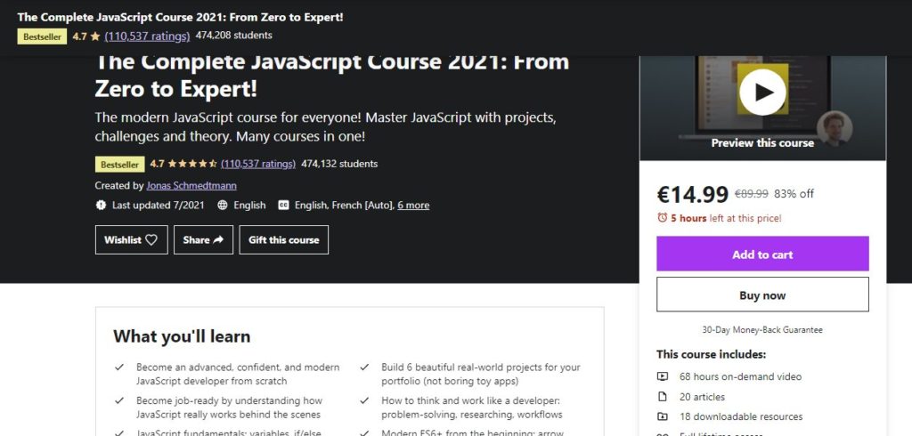 Screenshot of Udemy's popular online course named The complete JavaScript course: From zero to expert.