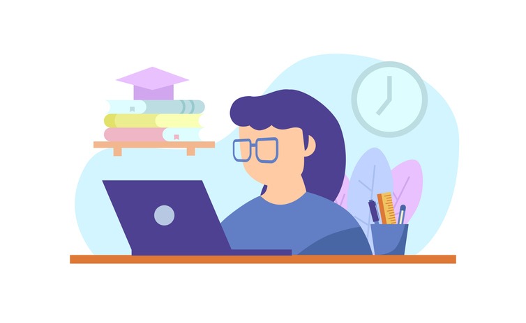 female on the laptop. work and study on the desk. online learning. work from home. Freelance working with glasses. flat design illustration
