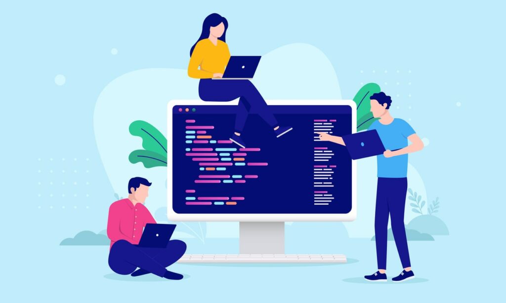 Collaborative coding. A group of developers working together.