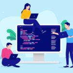 Collaborative coding. A group of developers working together. Kotlin introduction. Agile