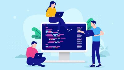 Collaborative coding. A group of developers working together. Kotlin introduction.