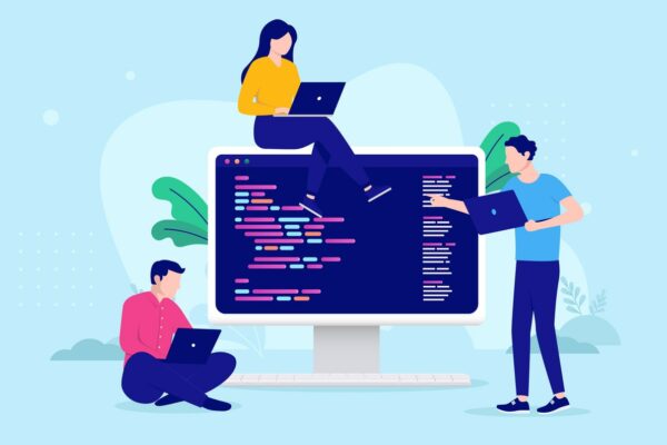 Collaborative coding. A group of developers working together. Kotlin introduction.