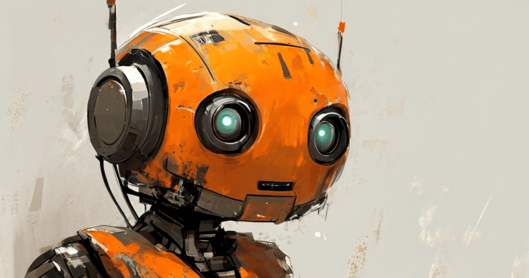 a robot, digital painting, dark orange and brown palette on light grey background