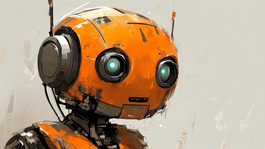 a robot, digital painting, dark orange and brown palette on light grey background