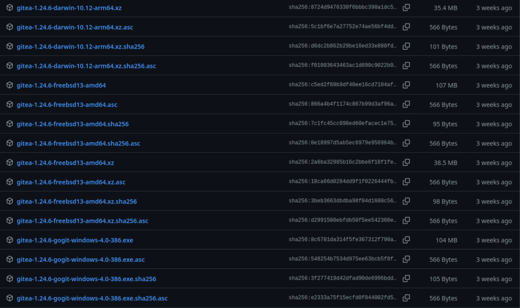List of multiple versions for gitea's downloadable files, one per each infrastructure available.
